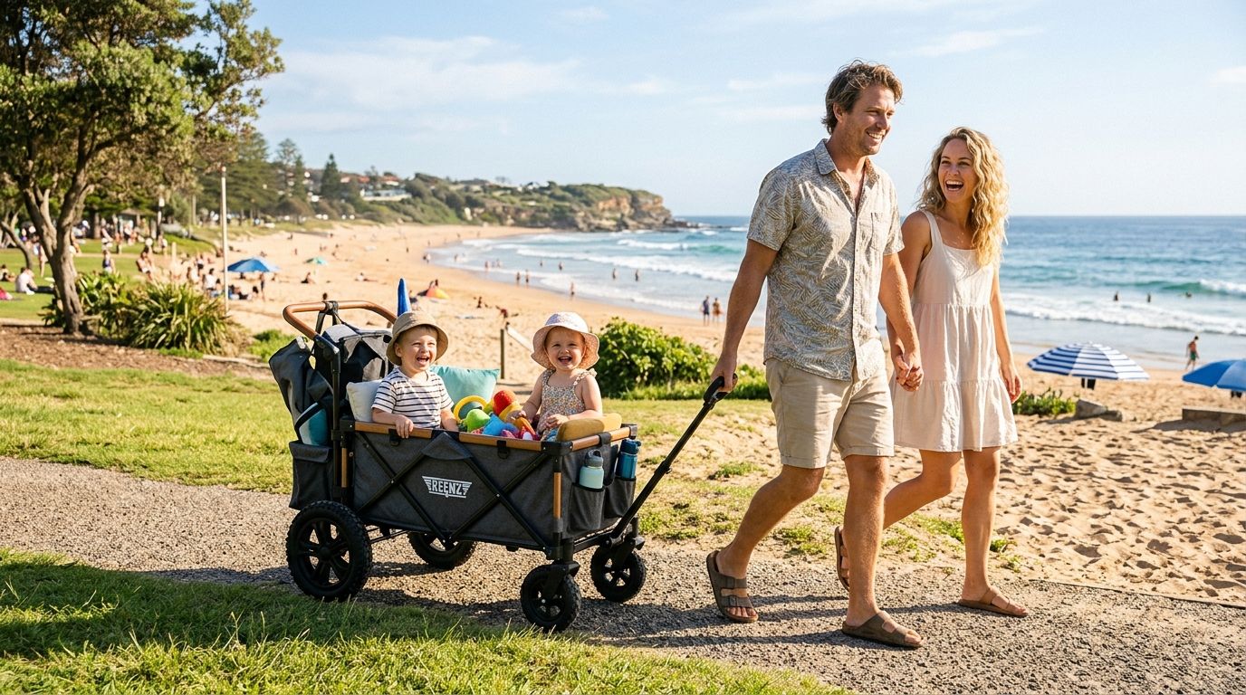 Parent pulling a BabyVista stroller wagon with two toddlers at a sunny park